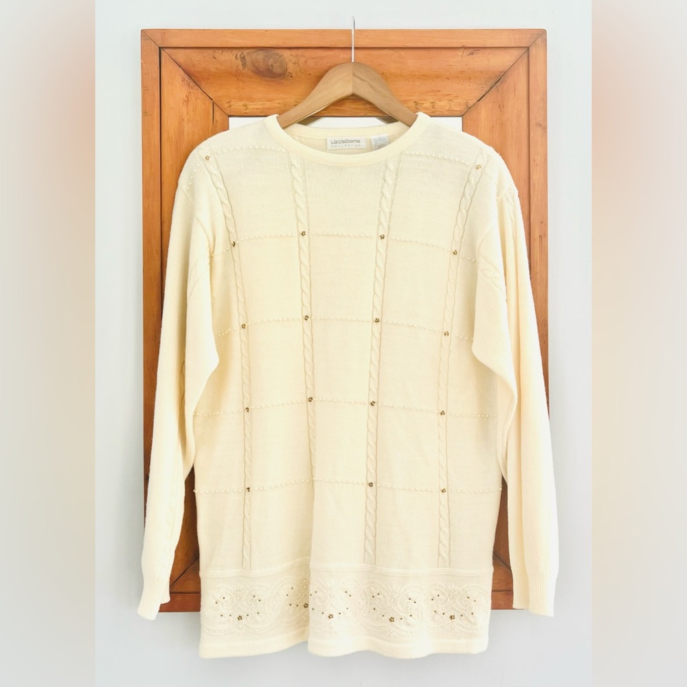 Liz Claiborne Cream Beaded Crewneck Sweater